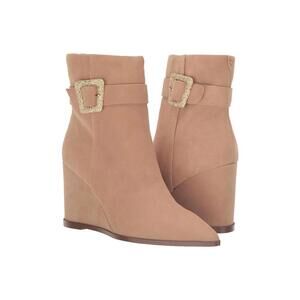 Sam Edelman Weslie Wedge Ankle Boots Womans 8.5 Beige Suede Gold Buckle Bootie